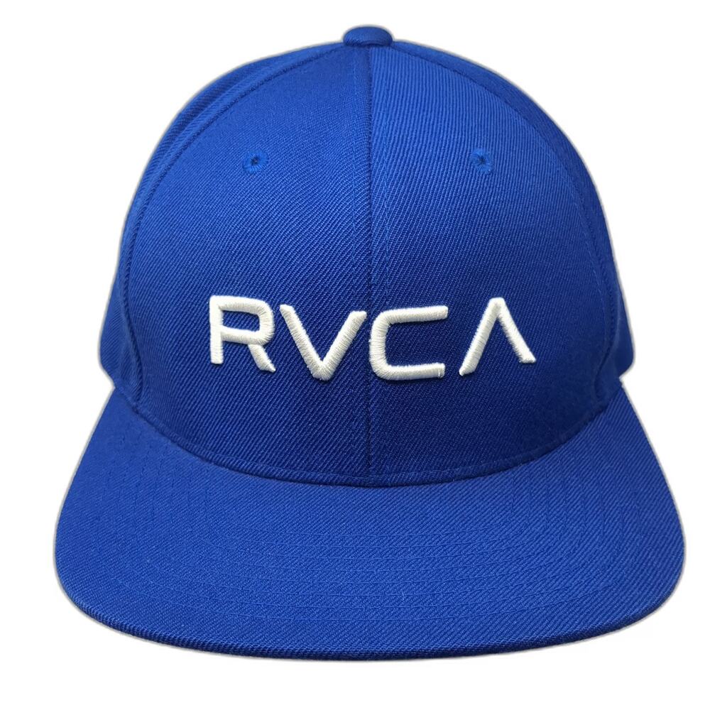 RVCA Snapback Hat Blue One Size White VA Logo Flat Brim Tan Underbrim Acrylic